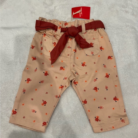 NEW NWT Du Pareil Baby Girls Coral Pink Floral Print Belted Pants Size 3M Bottom - Picture 2 of 8
